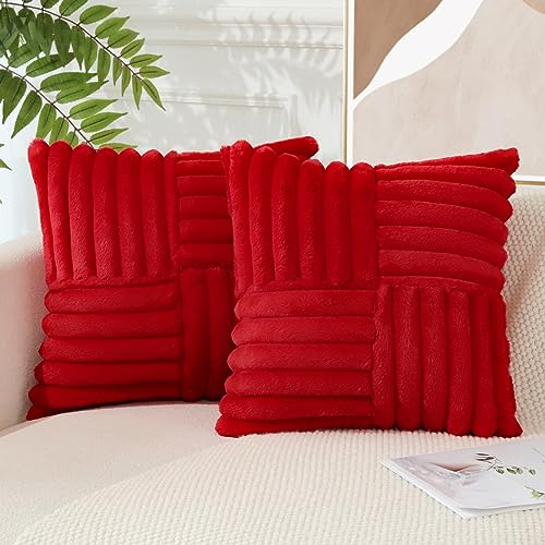 JOTOM 2er Set Gestückelte Samt Kissenbezug Weiche Kunstpelz Plüsch Dekorative Kissenhülle Fuzzy gestreifte Kissenbezüge für Bett Sofa Wohnzimmer Schlafzimmer, Rot 45 x 45 cm