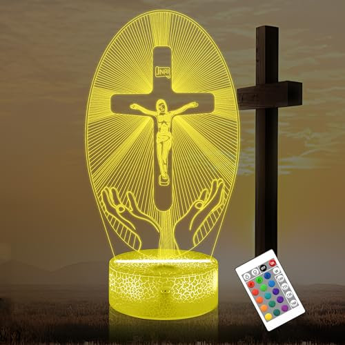 OkiyiD Jesus-Kreuz-3D-Nachtlicht, Church Illusion Hologramm Lampe, Kreuz 3D Nachtlicht, 16 Farbwechsel mit Fernbedienung Geburtstagsgeschenk für Frau Mann Kind Weihnachten Ostergeschenke（Kreuzigung）