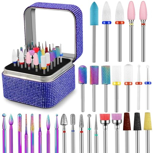 30 teiliges Nagelfräser-Bits Set für Nagelbohrmaschinen, Tungsten Keramik Diamant Fräser-Aufsätze Bits für Nagelfräser mit Nagelbohrer-Halter, Professionell für Maniküre, Pediküre, Gel Acrylnägel