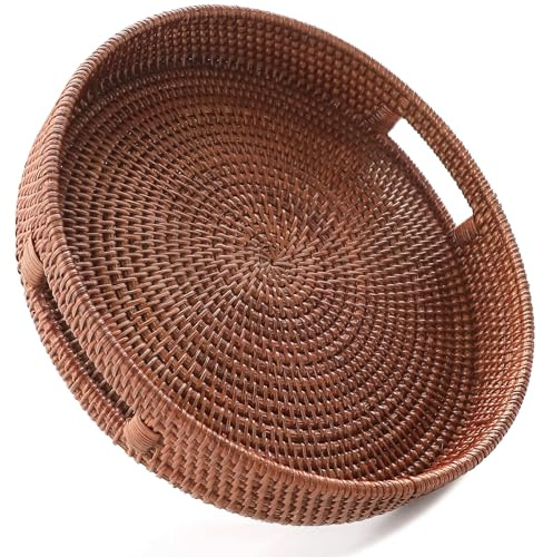 HITOMEN 14,2 tum handvävd rund rotting serveringsbricka dekorativ ottoman korg tallrik med handtag för soffbord, frukost, drycker, mellanmål, bröd, frukt, grönsaker (brun – L)