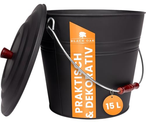 BLACK OAK KATLA - Pattumiera da 15 l, con coperchio in legno, grande, 15 litri, in acciaio zincato a prova di fuoco, verniciato a polvere, per cenere e carbone, accessorio ideale per camino, stufa a