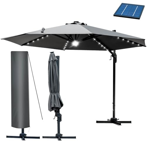 BRAST Alu Sonnenschirm Ampelschirm | Ø300cm Grau + LEDs | TÜV geprüft | viele Modelle | Schützhülle | UV-Schutz 50+ | wasserabweisend | drehbar & höhenverstellbar