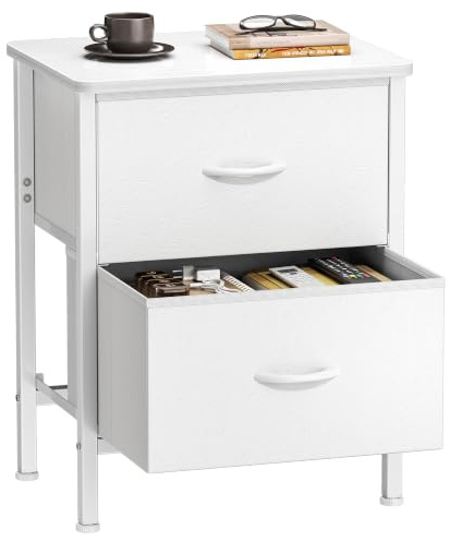 HOMIDEC Bedside Table,Side Table with 2 Fabric Drawers and Metal Frame,Large Capacity Storage Bedside Cabinet for Bedroom,Living Room and Sitting Room ect.White Leather