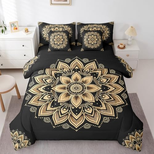 7 Pieces Bohemian Mandala Bedding Comforter Sets Aesthetic Floral Bed in a Bag for Girls Boys, Black and Orange Queen Bedding Sets Chic Flower Comforter Set, Hippie Paisley Bedding Sets & Collections