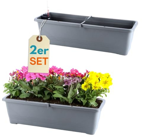 GarPet 2er Set Blumenkasten mit Wasserspeicher Blumenkasten Fensterbank Pflanzkasten Outdoor Wasserstandsanzeiger Gießschacht Bewässerungsband 50 cm Anthrazit