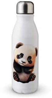 MAXIKIWI - Single Wall Water Drinking Bottle with Screw Cap, Non Insulated Lightweight Aluminium, BPA Free, Leak-Proof - Cute Panda - 500ml