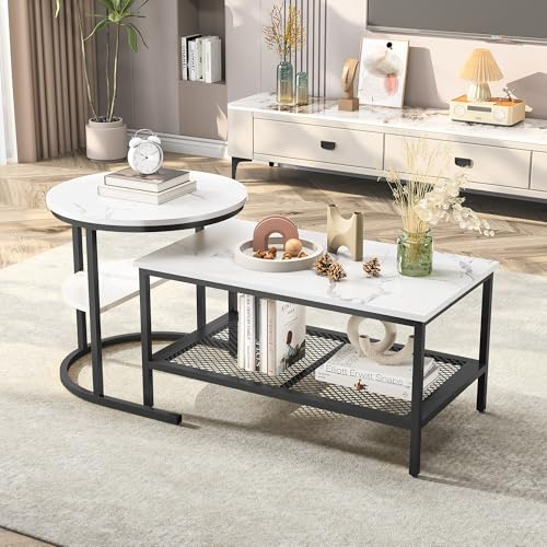 BHFFTHK Couchtisch 2er Set,2 in 1 Wohnzimmertisch mit stauraum,Moderne Sofatisch Couchtisch Rund und Rechteck in Marmor Optik,Metallrahmen satztische fürs Wohnzimmer,Beistelltisch Set