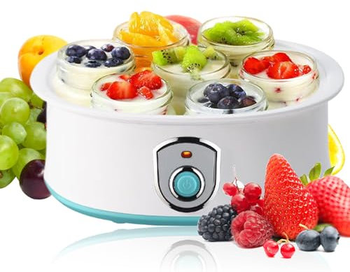 Yogurtera automática de 7 tarros, máquina de Yogur eléctrica de 1,26 L con Inicio con un Clic/fácil Limpieza/Temperatura Constante automática, tarros de Vidrio Reutilizables de 180 ml