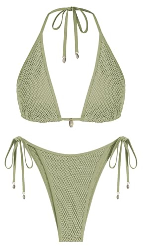 ZAFUL Damen-Triangel-Bikini Multiway Fischnetz seitlich gebunden Bandeau-Neckholder-String-Bikini-Set Zweiteiliger Badeanzug Badeanzüge(1-Hellgrün,S)