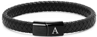 TOLOWOBK Lederarmband Herren mit Buchstaben Gravur Schwarz Geflochten | Personalisiertes A-Z Buchstaben Armband Edelstahl Magnetverschluss Armbänder Geschenke für Männer Jungs Schulstart Geburtstag