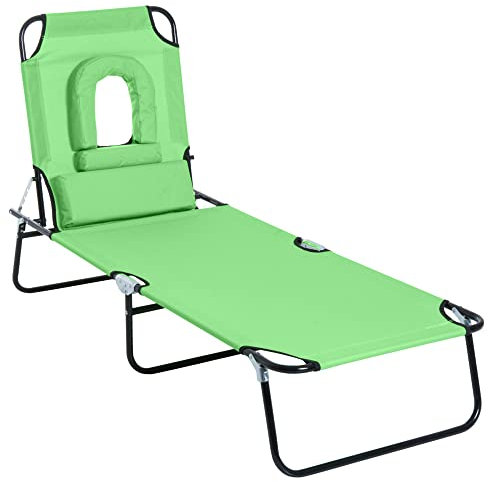 Outsunny Sonnenliege klappbar Gartenliege mit Gesichtsloch, Kopfkissen, Liegestuhl mit 4-Fach verstellbare Rückenlehne, wetterfeste Campingliege bis 120 kg belastbar, für Garten Strand Pool, Grün