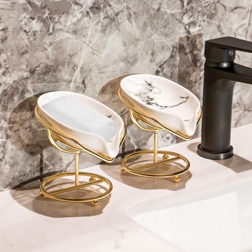 Lot de 2 Porte-Savon en Céramique, 13,5x8,5 cm Porte Savon en Forme de Feuille Auto-drainant, Support Savon, Plateau Vidange Boîte à Savon pour Cuisine Salle de Bain Douche