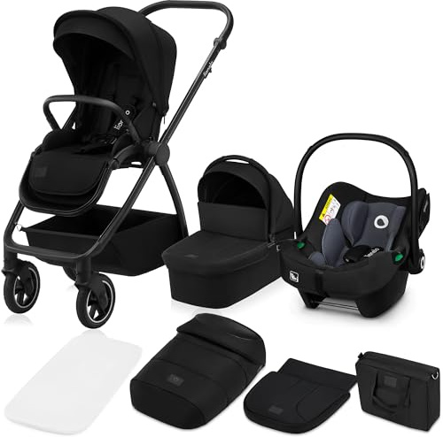 LIONELO Meril 3-i-1 Kombibarnvagn med XL Liggdel & Sittdel, Astrid i-Size Bilbarnstol ADAC-Testad, Terränghjul, Hopfällbar Ram, 3D-Ventilation, UPF50+, Regnskydd, Myggnät & Skötväska, Svart Onyx