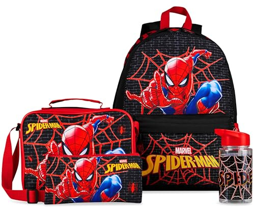 Marvel Spiderman Backpack Lunch Box Water Bottle Pencil Case 4 pc Set for Boys Girls Bookbag Picnic Backpacks Gifts for Kids