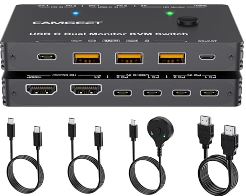 USB C KVM-switch 2 bildskärmar 2 bärbara datorer, 4K@60Hz MST HDMI Dual Monitor KVM-switch för 2 bärbara datorer 2-skärmar och 10 Gbps 4 USB 3.0-hubb, 80W PD-laddning, USB C-switch med 2x USB C-kablar