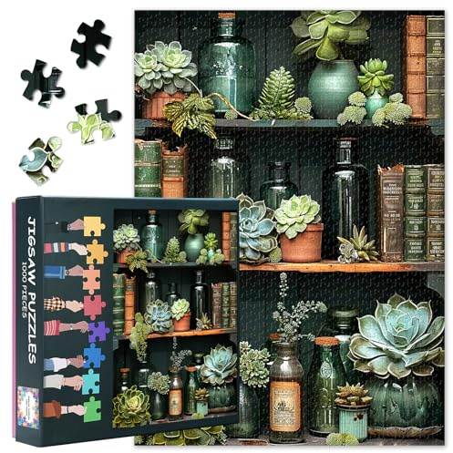 Puzzle botanique étagère 1000 pièces – Plantes succulentes et livres antiquaires fidèles à la nature 50 x 70 cm – Puzzle de collection inspiré littéraire