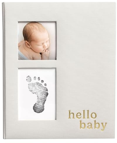 Pearhead Linen Hello Baby Memory Book, First 5 Years Baby Keepsake with Clean-Touch Ink Pad and Photo Inserts, Gray