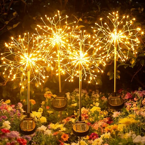INMKALI Solar Garden Lights Outdoor Waterproof Yard Decorations, 2 Pack 150 LEDs Pathway Lights Stake, Fairy Firework Light for Patio Lawn Courtyard Flowerbed Party Wedding Starburst Gold Color