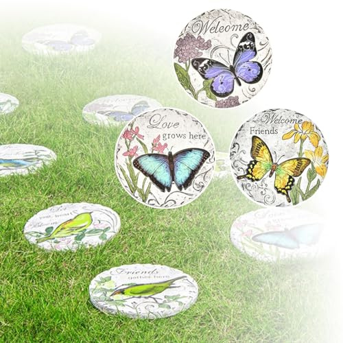 SBJKLYRN Pietra calpestabile da Giardino， Decorazione da Giardino Antiscivolo for Esterni, pavimentazione Rotonda for vialetti e Cortili, Set da 3(Butterflies,24 cm)