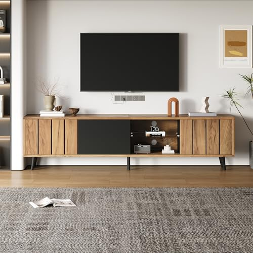 Merax Meuble TV en Bois Naturel et Noir – 175x31,5x45 cm, avec 3 Armoires et Étages en Verre, Support TV pour Téléviseur jusqu'à 75 Pouces, Design Moderne et Pratique