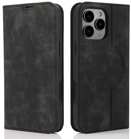 QLTYPRI Wallet Case for iPhone 17 Pro Max 6.9 inch Compatible with Magsafe Charger, Magnetic Flip Folio PU Leather Phone Case with RFID Blocking Card Holder Slots Kickstand Shockproof Cover - Black
