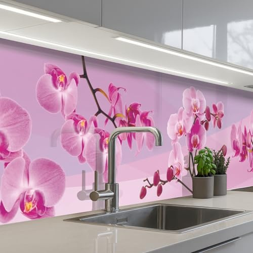 KitchenYeah© Rückwand Küche Rückwandschutz Selbstklebend Spritzschutz | 60x300 cm - Küchenrückwand Küchenfront Küchen Selbstklebende Küchenrückwände Blumen - Orchidee - Rosa