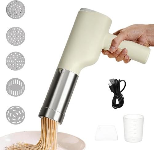 Machine à Pâtes électrique, Machine à Pâtes Portative Rechargeable, Presses à Pâtes Electriques, Machine Pates Fraiches Avec 6 Modes Pour Les Pâtes Fraîches Spaghetti Ou Fettuccine (Blanc)