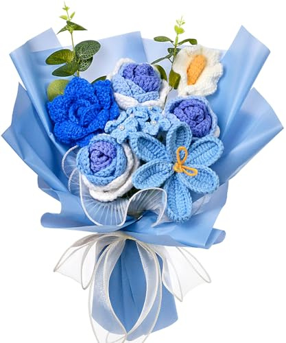 Wishwell Pop Crochet Flower Bouquet, Rose Tulip Calla Lily Flowers, Blue | Handmade Knitted Flower Gift for Mum, Dad, Friends and Loved Ones on Mother's Day, Father's Day, Graduation and Birthday