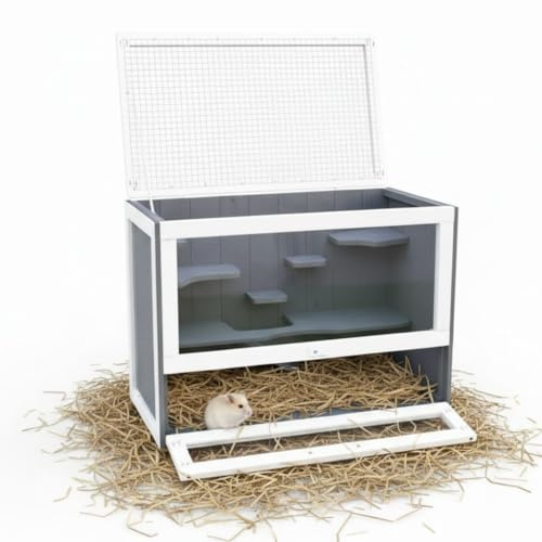 Mucola Hamsterkäfig Nagerkäfig Holz 5 Etagen mit Plexiglasfront 60x35x42 cm | Grau-Weiß, inkl. Leiter, für Rennmäuse, naturbelassenes Fichtenholz, belüftete Abdeckung oben, einfache Reinigung