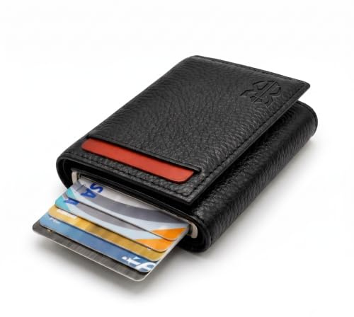 KEWOX Slim Geldbörse Portemonnaie Herren & Unisex mit RFID Schutz – Pop-Up Kartenetui aus Veganem Leder, Minimalistisches Wallet für bis zu 11 Karten (SCHWARZ)