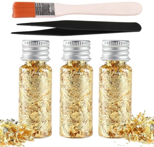 3 Flaschen Blattgold Essbar,Essbare Blattgoldblätter,mit Pinzette & Pinsel,Tortenzubehör Deko,Cake Decoration,Tortendeko Essbar,Decorations,Für Küche, Mousse, Backen,Gebäck