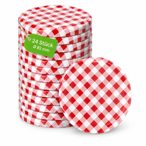 SEPIR Einmachgläser 900 ml mit rot-weiß karierten Deckeln, 24 Stück | 24 Stück, 900 ml, TO 82 mm, rot-weiß kariert, für Gurken, Paprika, Kompott, Marmelade, Honig und Einkochen