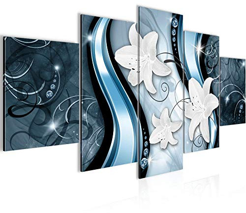 Runa Art - Bilder Blumen Lilien 200 x 100 cm 5 Teilig XXL Wanddekoration Design Blau 210251b