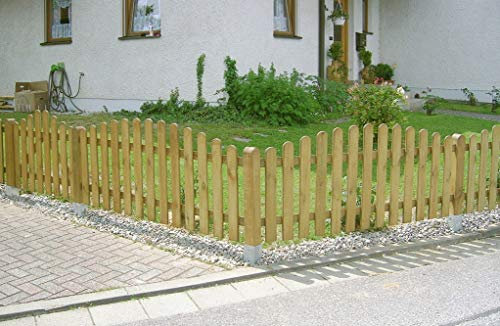 120cm hohes Komplettset 28,60 m Holzzaun 4m–38m wählbar (dieses Standard Paket ist 28,60m) Zaun inkl. allem Zubehör Staketenzaun 120cm Höhe nach oben gebogene Form