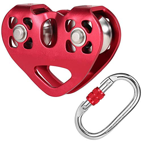 BEPM Umlenkrolle Seilrollen Flaschenzug 30Kn Kabelwagen Riemenscheibe Doppelriemenscheibe Mit 25Kn Schraubverschluss Karabiner Für Kletterhöhlen Aloft Work Rescue-Rot
