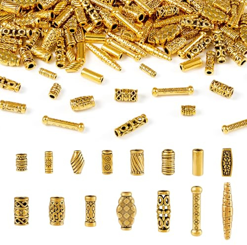 Cheriswelry Tibetische goldene Säulenperlen, 15 Stile, Metallrohr, oval, Abstandshalter, Anhänger für Schmuck, Armbänder, 150 Stück