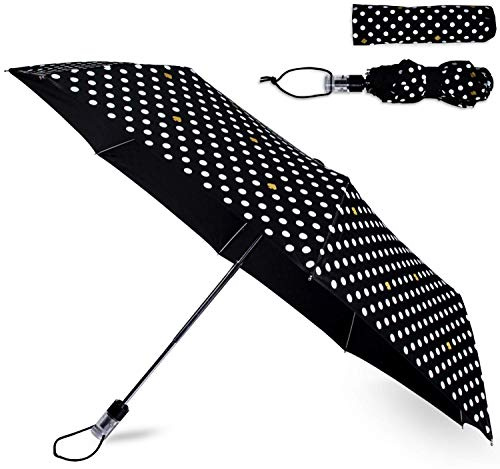 Kate Spade New York Reise-Regenschirm, leicht, kompakt, mit Aufbewahrungstasche, gepunktet | Leichter, faltbarer Regenschirm mit elastischem Schlaufenband und trockener Aufbewahrungstasche für unterwegs