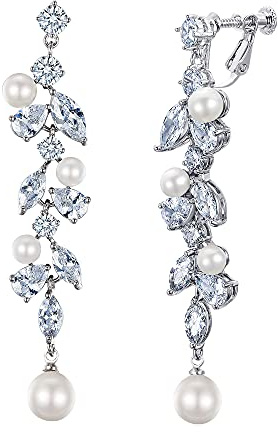 Clearine Ohrclips Zirkonia simulierte Perle Teardrop Dangle Clip-on Ohrringe Schmuck für Hochzeit Braut