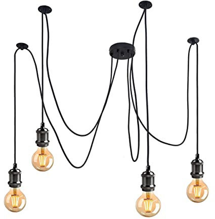 LVYY Lampada a sospensione industriale,Lampadario a forma di ragno con cavo intrecciato regolabile da 2 m,lampada a sospensione a grappolo industriale retrò E27 portalampada-nero perla (4 luci)