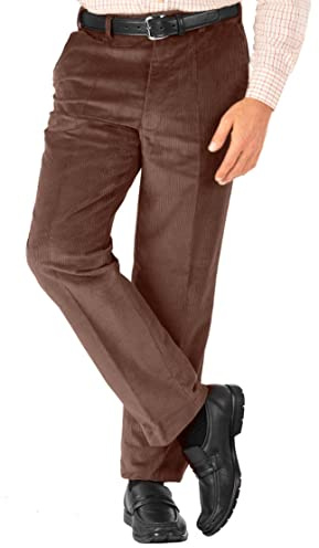James Holton Mens Corduroy Trousers Elasticated Waist Smart Formal Pants Brown 40W / 29L