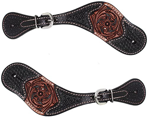 CHALLENGER Horse Western Floral Basket Weave Tooled Leather Adjustable Boot Spur Straps 74FK27