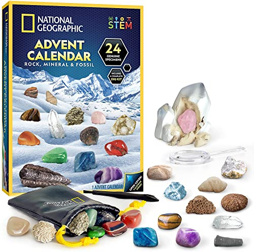 NATIONAL GEOGRAPHIC 2026 Rock Collection Advent Calendar - Countdown Calendar for Kids with 24 Gemstones, Minerals & Fossils for Kids, Complete Gem & Fossil Collection