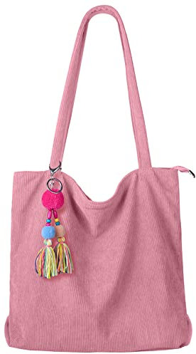 FITDON cord Tasche Damen Umhängetasche mit Reißverschluss, Groß Shopper Tasche Schultertaschen Tote Bag Handtasche, Rosa