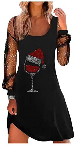 Masrin Weihnachtskleid Damen Rot Weinglas Strass Motiv Partykleid Elegantes Mesh Nähten Minikleid Rundhals langärmliges A-Linien Kleid Tunika Wickelkleid Weihnachten Blusenkleid Festkleid Ballkleid