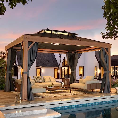 YOLENY Tonnelle en métal rigide de 3 x 4 m avec cadre en aluminium grain de bois, double toit en acier galvanisé, pergolas de terrasse avec filet et rideaux pour jardin, terrasse, pelouses