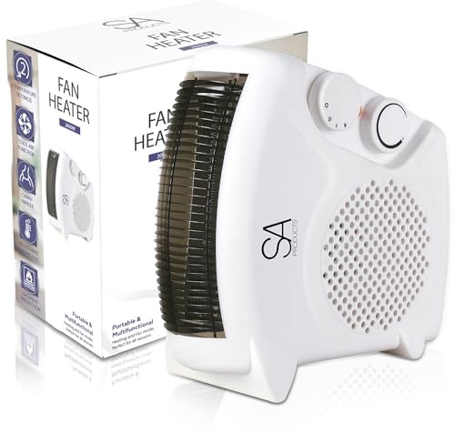 SA Products Fan Heater with 2 Heat Settings & Cool Function – Portable Heaters for Home Variable Thermostat Space Electric Low Energy home, White (SA2400)