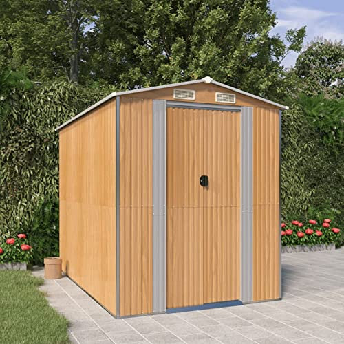 JUNZAI Geräteschuppen, Gerätehaus, Fahrradgarage, Gartenhütte, Fahrradunterstand, Gartenhäuschen, Garten Hütte, Fahrrad Unterstand, Hellbraun 192x274x223 cm Verzinkter Stahl