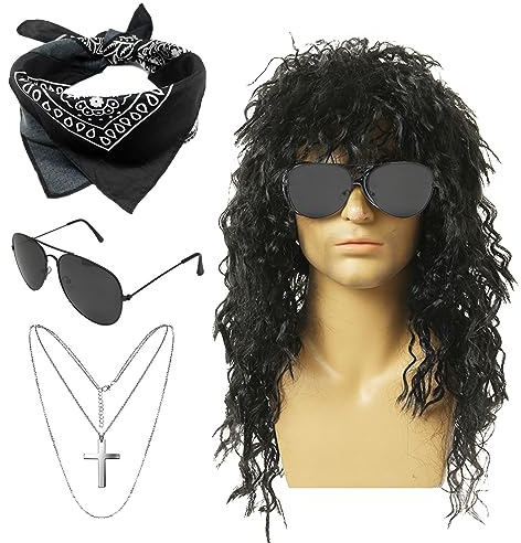 SKHAOVS 4Pcs Rocker Costume Set 60s 70s 80s Disco Hippie Wig for Adults With Sunglasses, Bandana, Cross Necklace - Theme Party Halloween Show (Black)