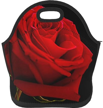 Lonchera de neopreno para mujeres y hombres, con fondo negro, rosa roja, aislada, portátil, reutilizable, lavable, para viajes, picnic, camping, almuerzo