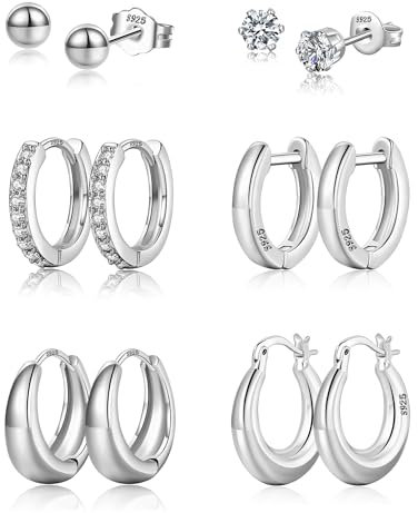 KENIY Ohrringe Silber 925,6 Paar Creolen Silber 925 und Ohrstecker Silber Set für Damen Hypoallergen Knorpel Huggie Creolen Silber Klein und Kugel Zirkonia Ohrstecker Silber 925 für Mehrere Ohrlöcher